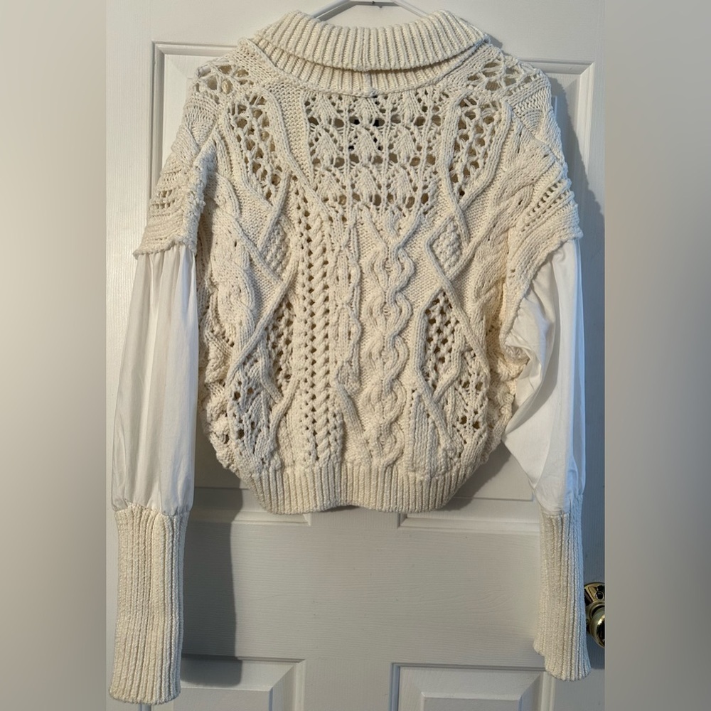 ANTHROPOLOGIE S Romantic Fisherman Poet Sleeve Crop Cable Knit Bohemian Sweater - Picture 5 of 16